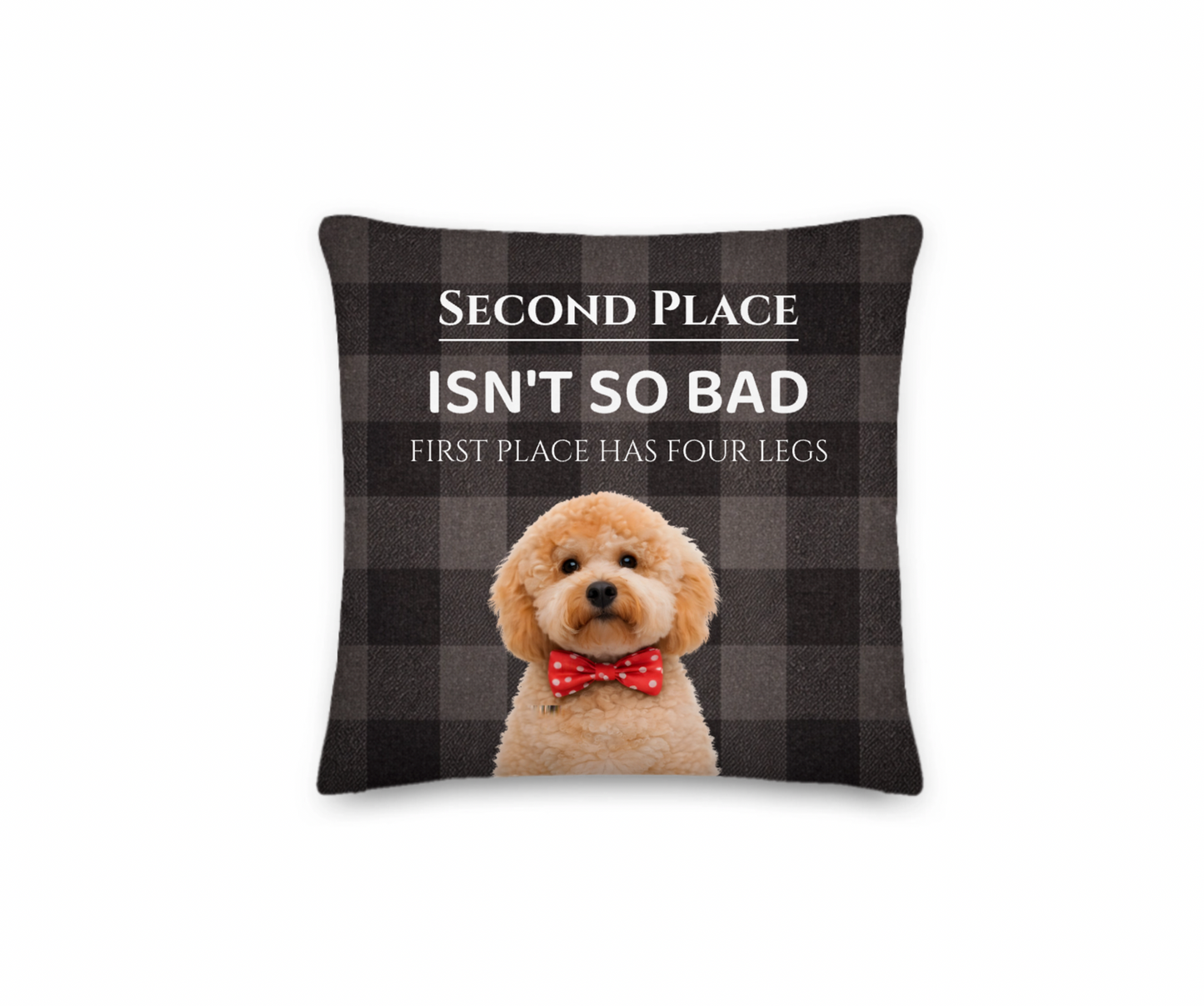 Decorative pillow with a dog and humorous text on a checkered background