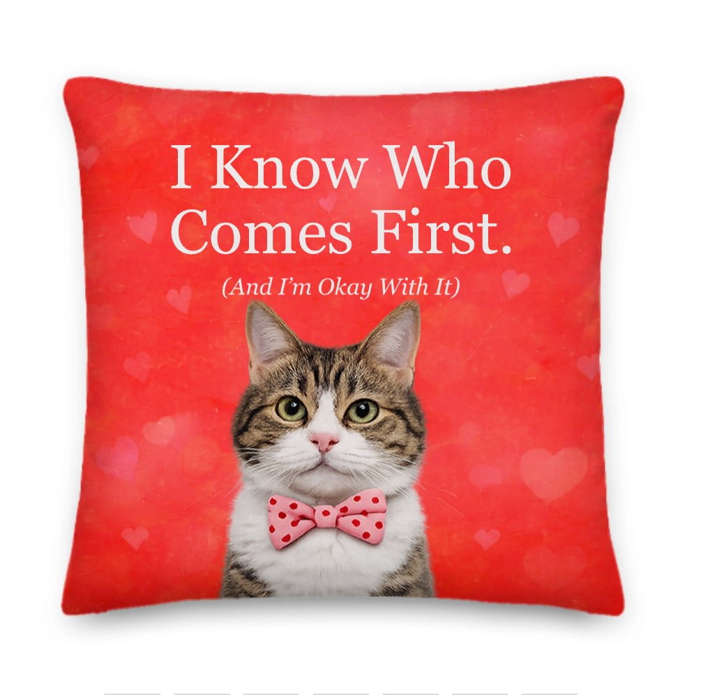 Red pillow with a cat wearing a bow tie and text on a white background