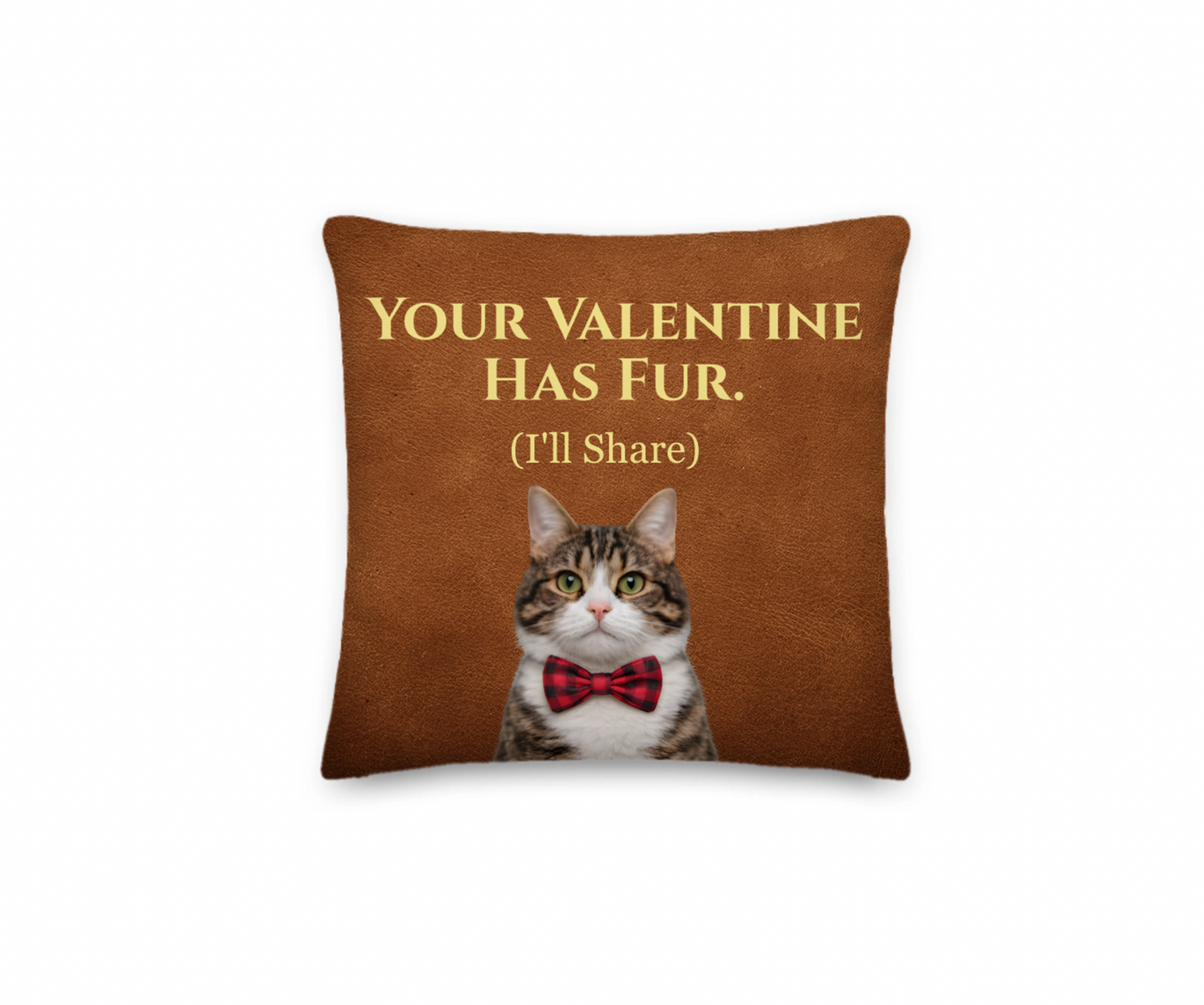 Brown pillow with a cat wearing a bow tie and text on a white background
