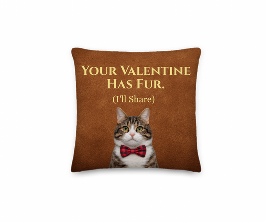 Brown pillow with a cat wearing a bow tie and text on a white background