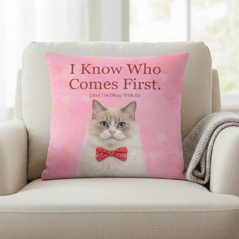 Cushion with a cat design and text on a beige armchair