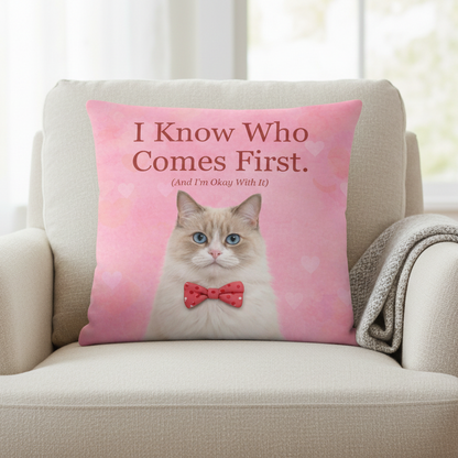 Cushion with a cat design and text on a beige armchair