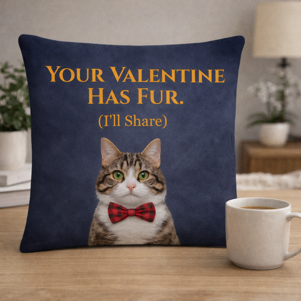 Decorative pillow with a cat and humorous text on a table with a cup of coffee.