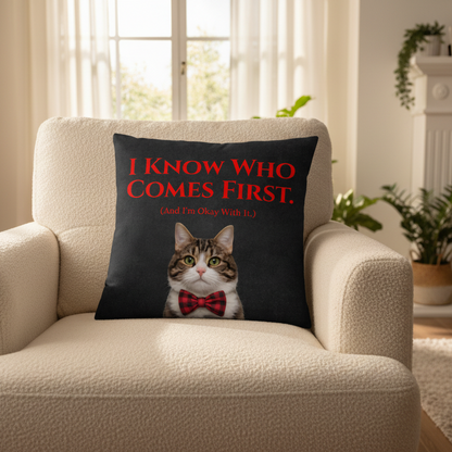 Decorative pillow with a cat graphic and text on a beige armchair in a bright room.