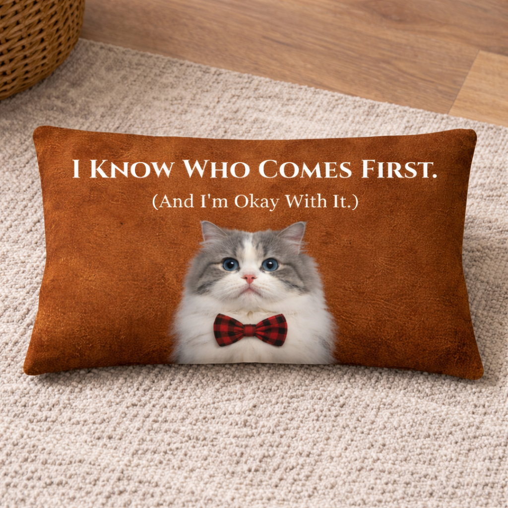 Decorative pillow with a cat wearing a bow tie and humorous text on a brown background.