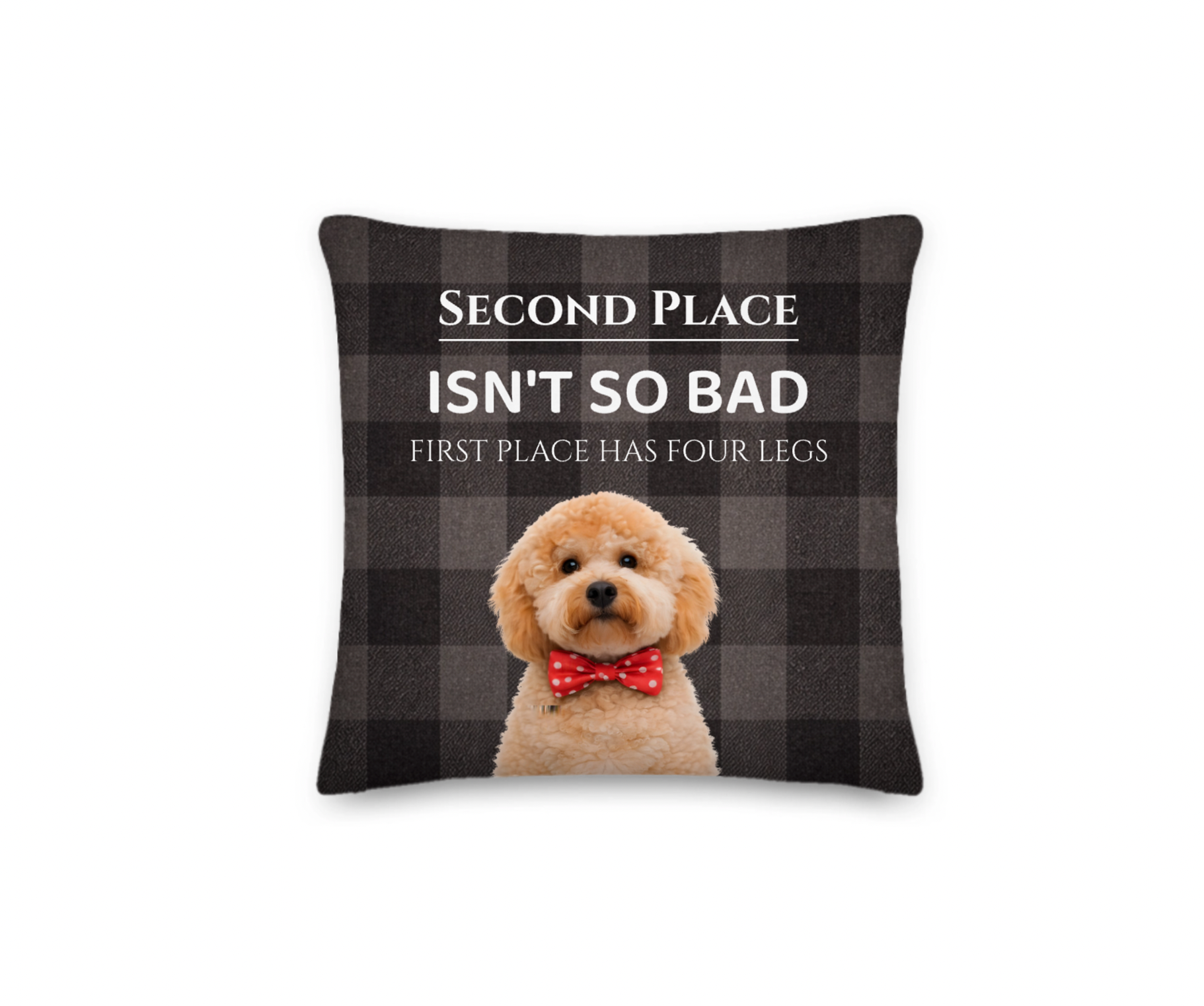 Decorative pillow with a dog and humorous text on a checkered background