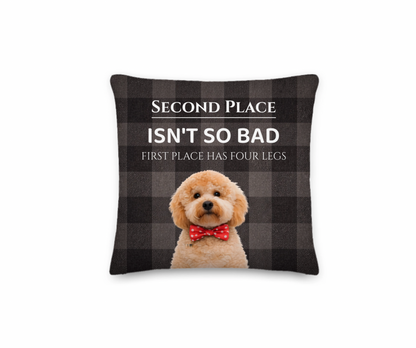 Decorative pillow with a dog and humorous text on a checkered background