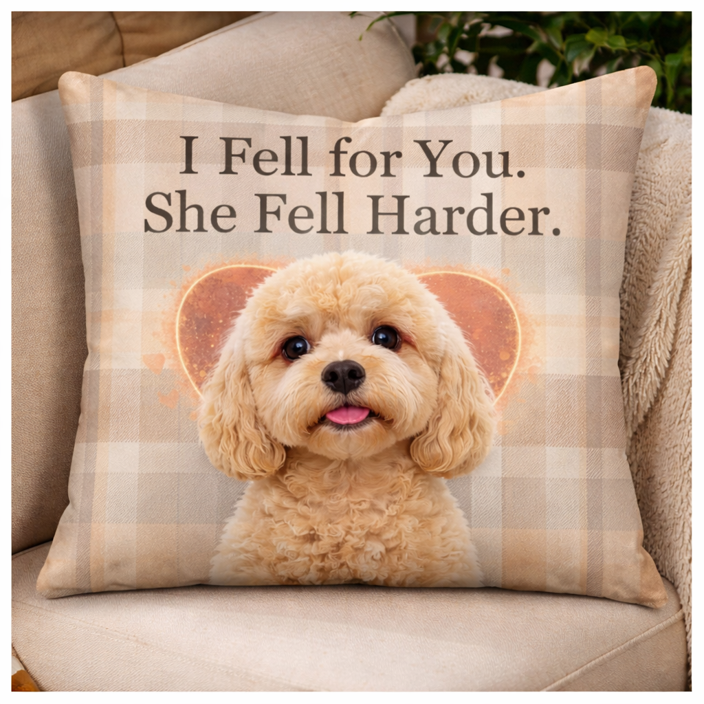 Decorative pillow with a dog and text 'I Fell for You. She Fell Harder.' on a plaid background.