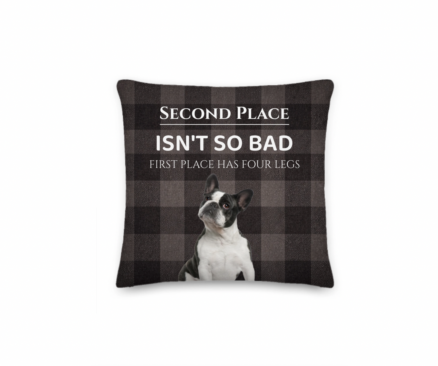 Decorative pillow with a dog illustration and humorous text on a checkered background