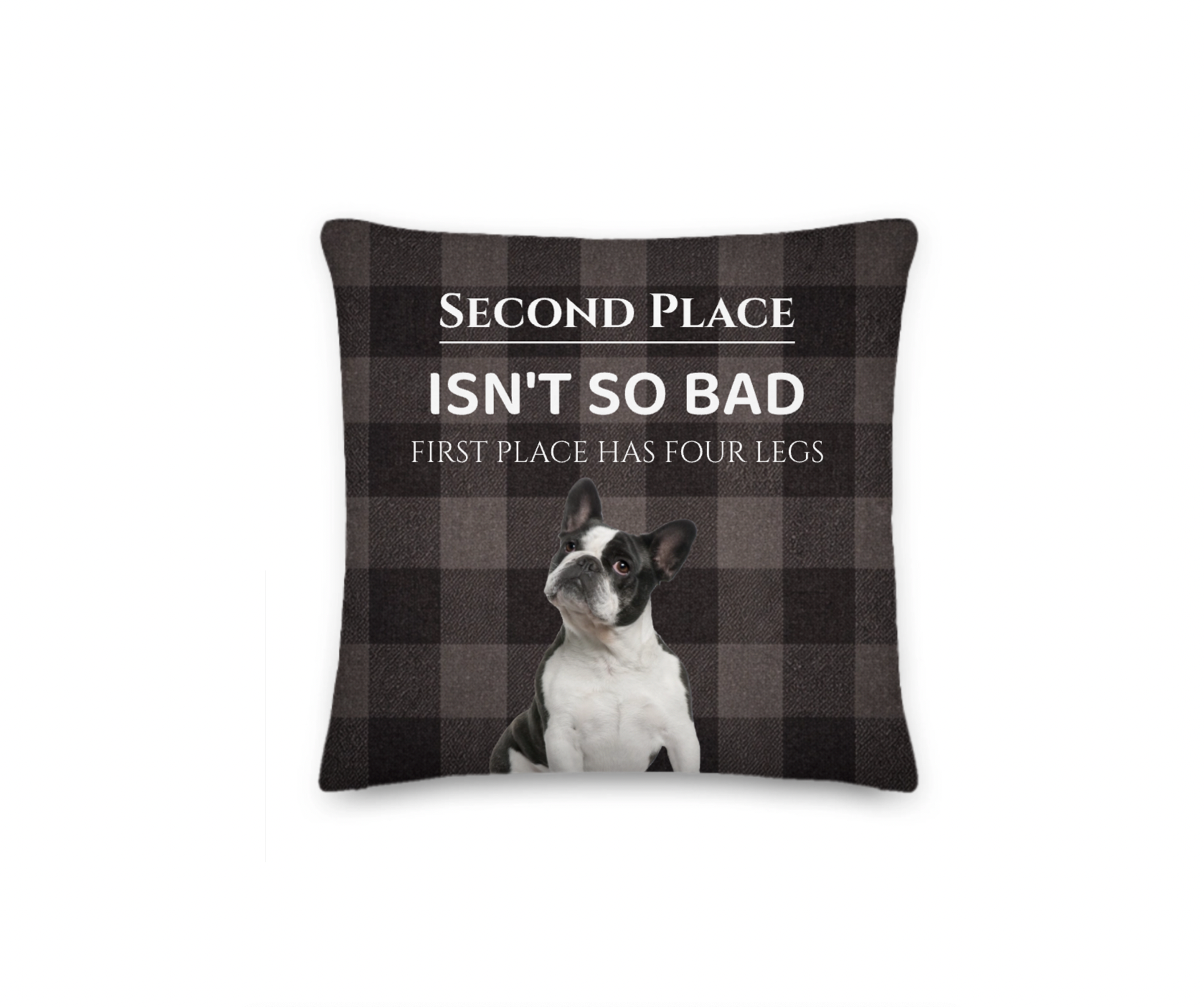 Decorative pillow with a dog illustration and humorous text on a checkered background