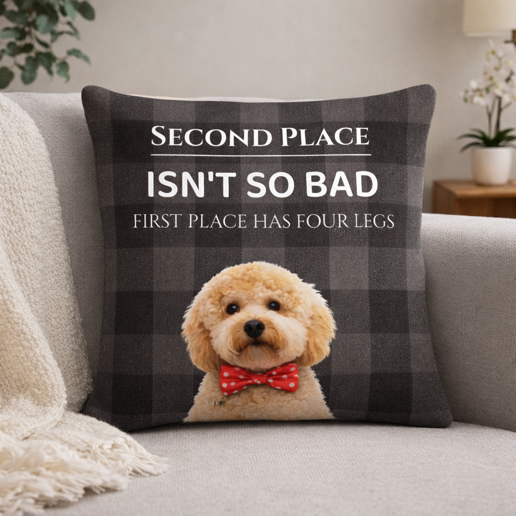 Decorative pillow with a dog illustration and humorous text on a couch