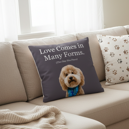 Decorative pillow with a dog illustration and text on a beige couch.