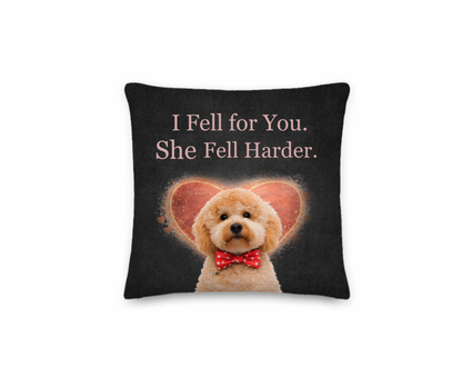 Decorative pillow with a dog illustration and text on a black background