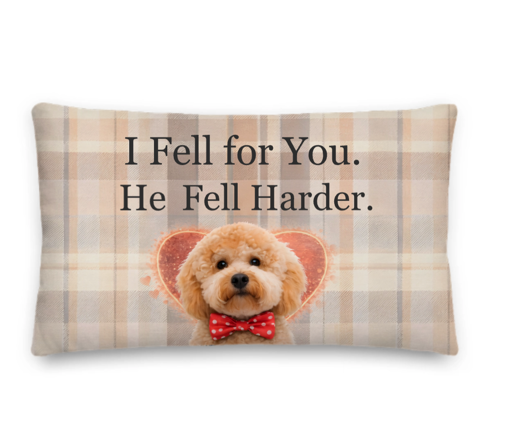 Decorative pillow with a dog illustration and text on a plaid background