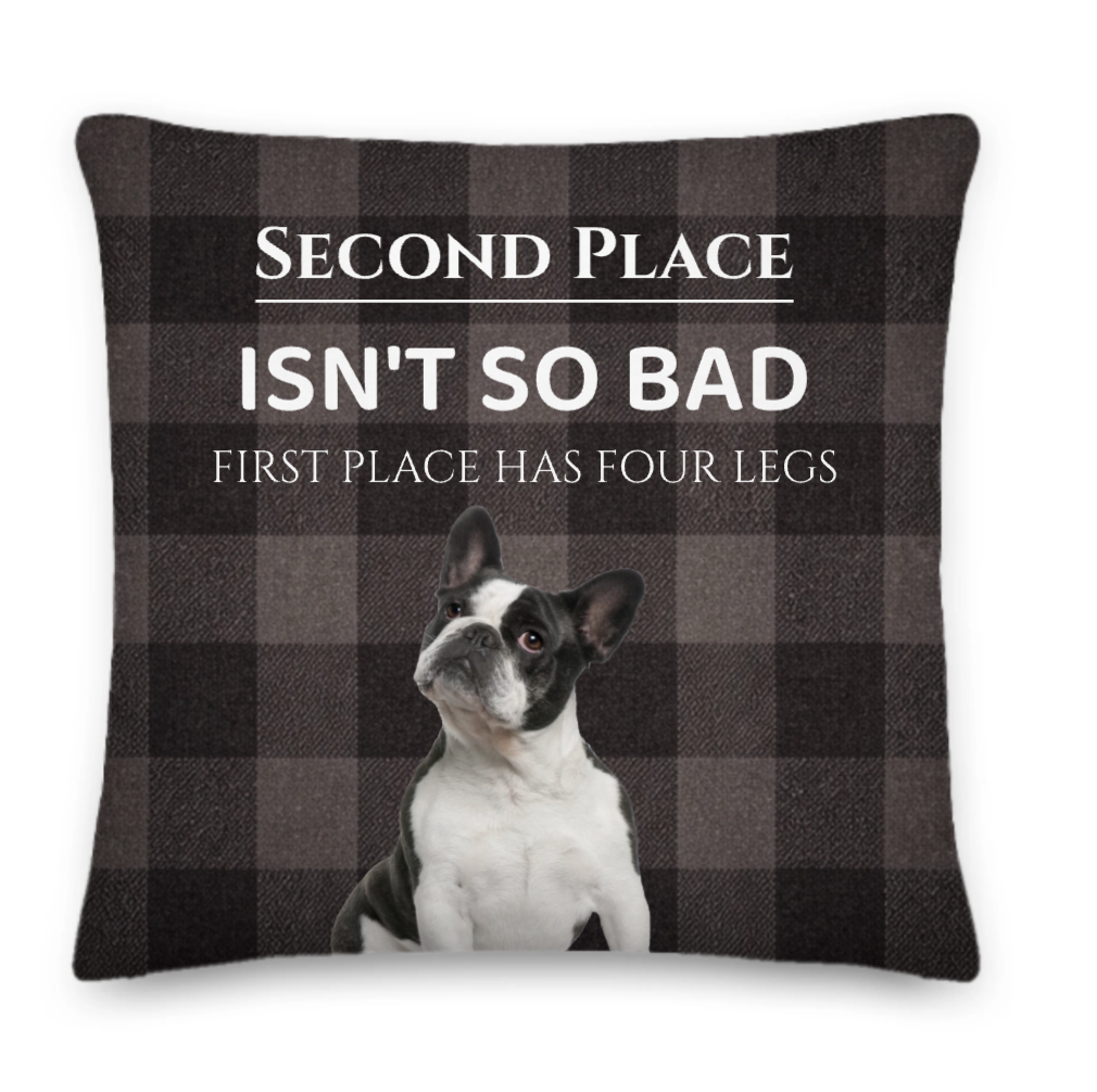 Decorative pillow with a dog illustration and humorous text on a checkered background