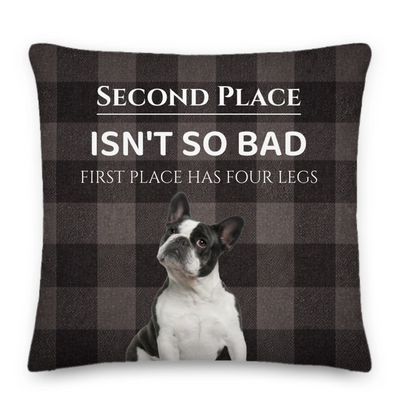 Decorative pillow with a dog illustration and humorous text on a checkered background