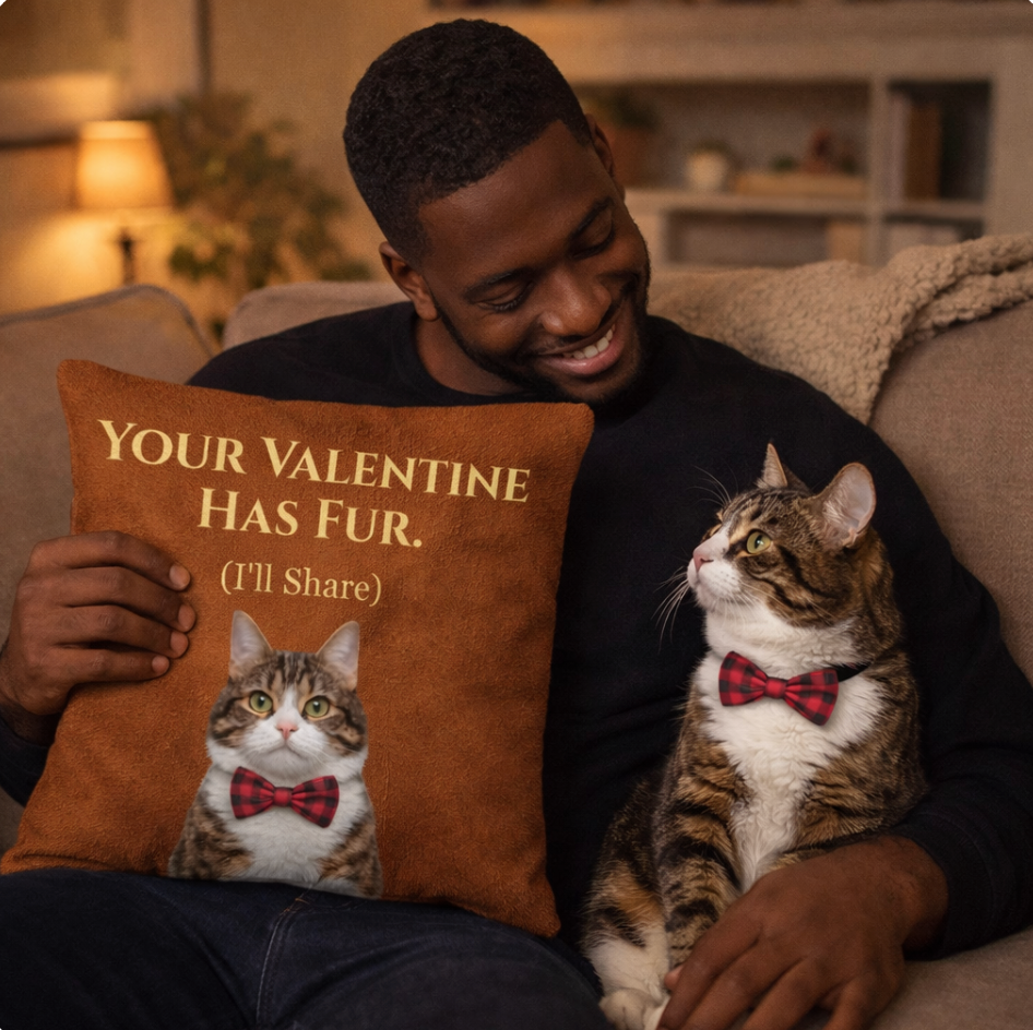Man holding a pillow with a cat and text, sitting on a couch with a cat next to him.