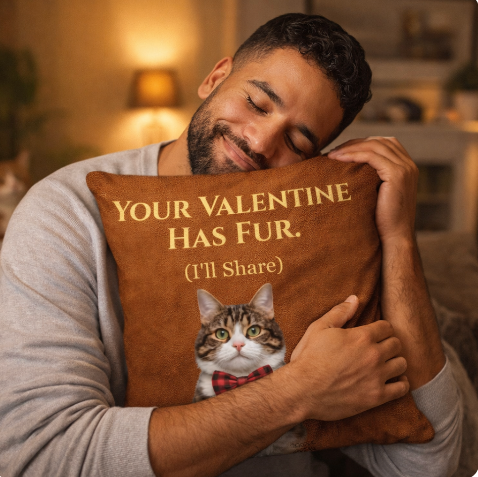 Man holding a pillow with a cat illustration and text, in a cozy indoor setting.