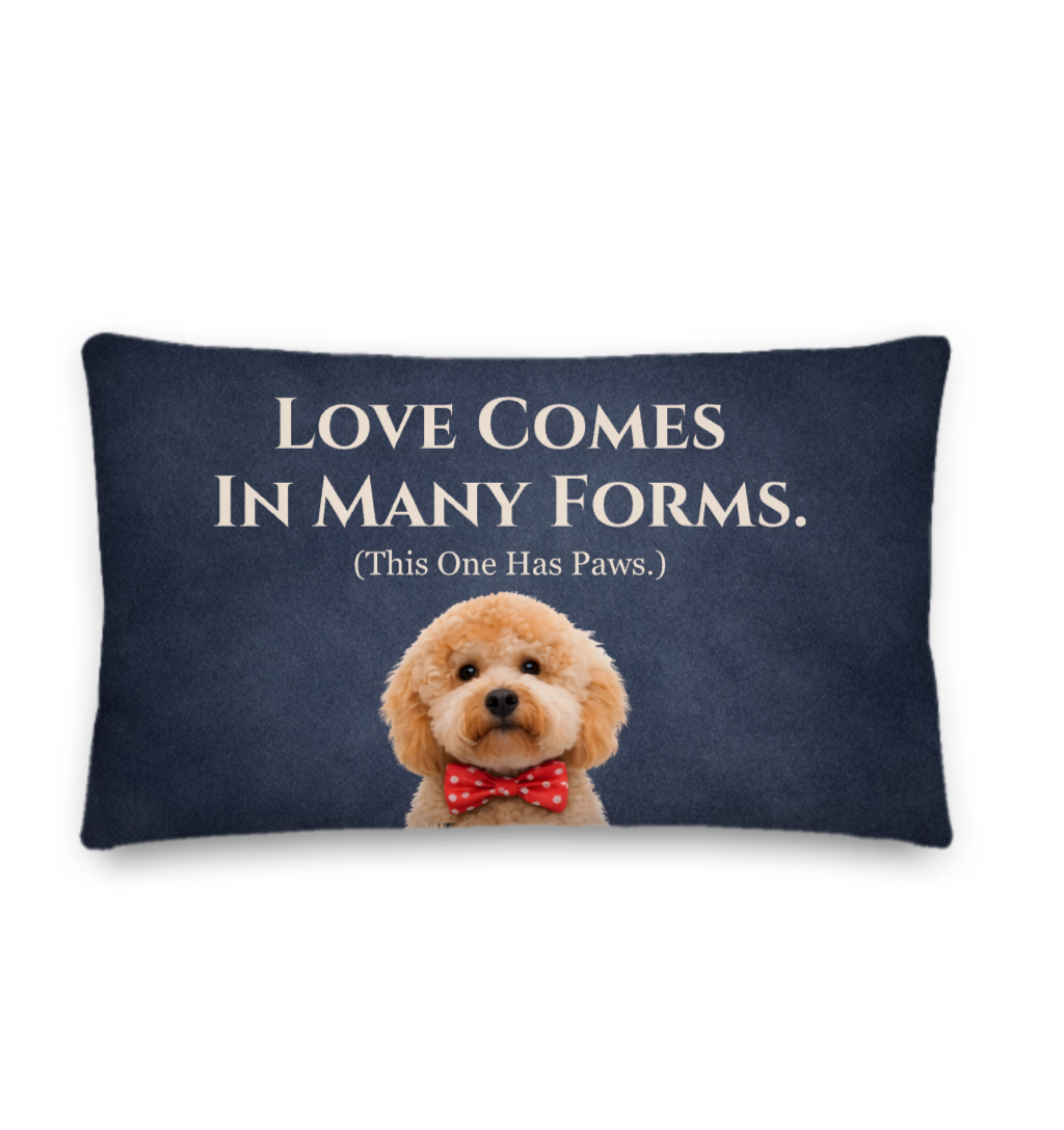 Navy blue pillow with a dog illustration and text on a white background
