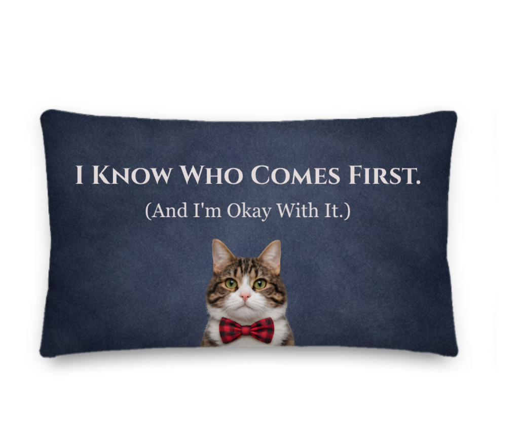 Navy blue pillow with a cat illustration and humorous text on a white background