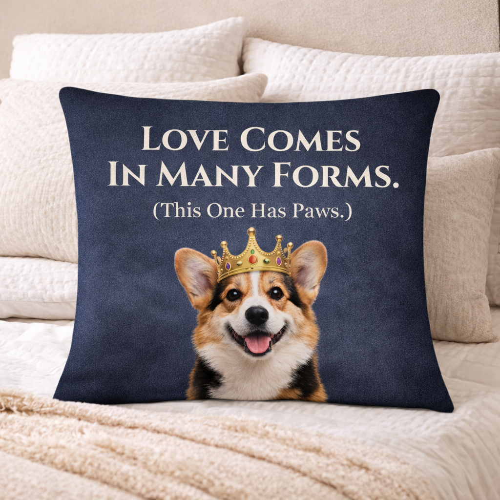 Navy blue pillow with a corgi wearing a crown and text 'Love comes in many forms. (This one has paws).'