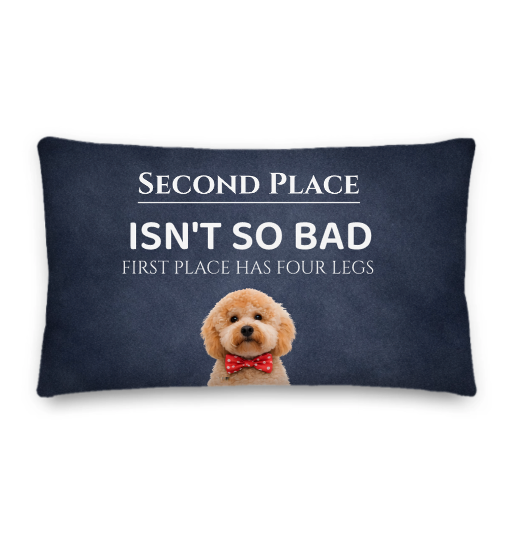 Navy blue pillow with a dog illustration and humorous text on a white background