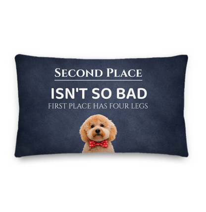 Navy blue pillow with a dog illustration and humorous text on a white background