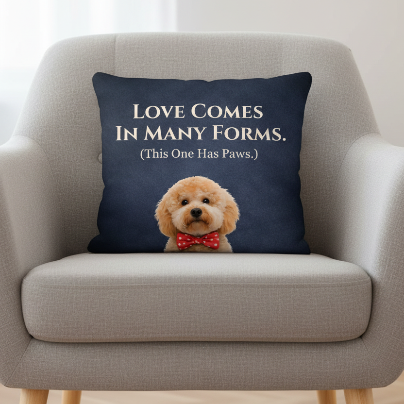 Navy blue pillow with a dog illustration and text 'Love comes in many forms. This one has paws.'