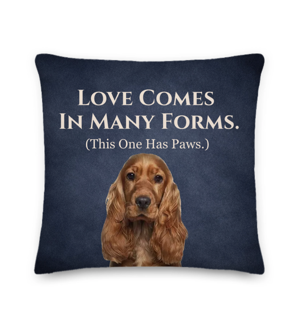 Navy blue pillow with a dog illustration and text on a white background