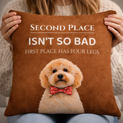 Person holding a brown pet pillow gift idea for him or her with a dog illustration and humorous text.
