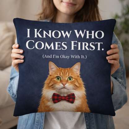 Person holding a pillow with a cat illustration and humorous text.