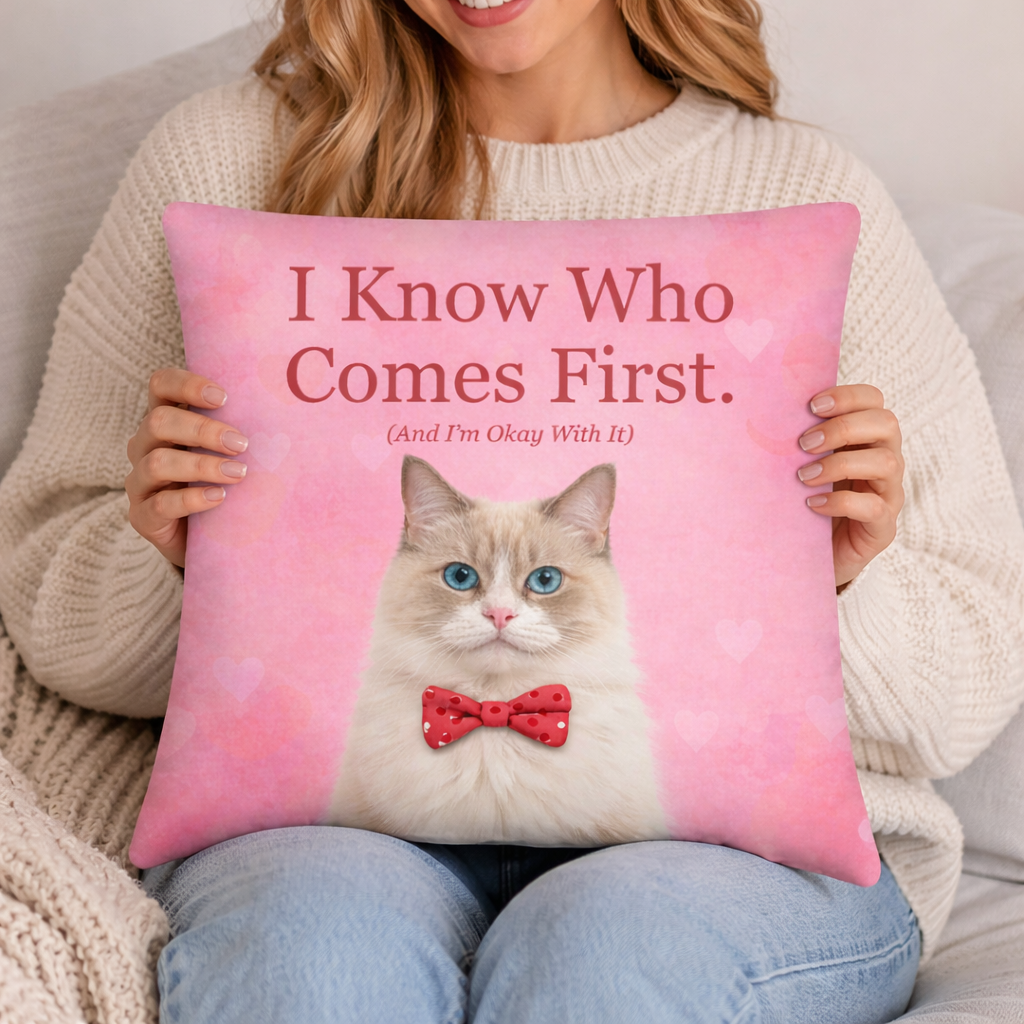 Person holding a pink pillow with a cat illustration and text.