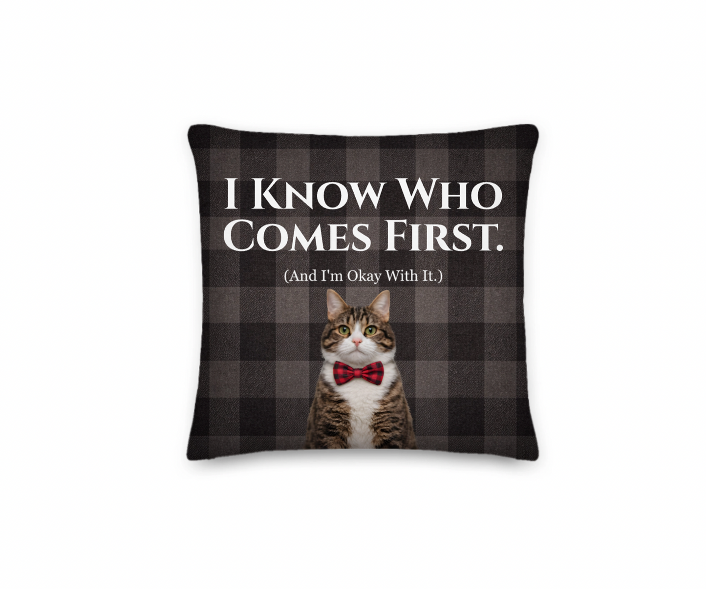 Pillow with a cat wearing a bow tie and text 'I Know Who Comes First. (And I'm Okay With It.)' on a checkered background.