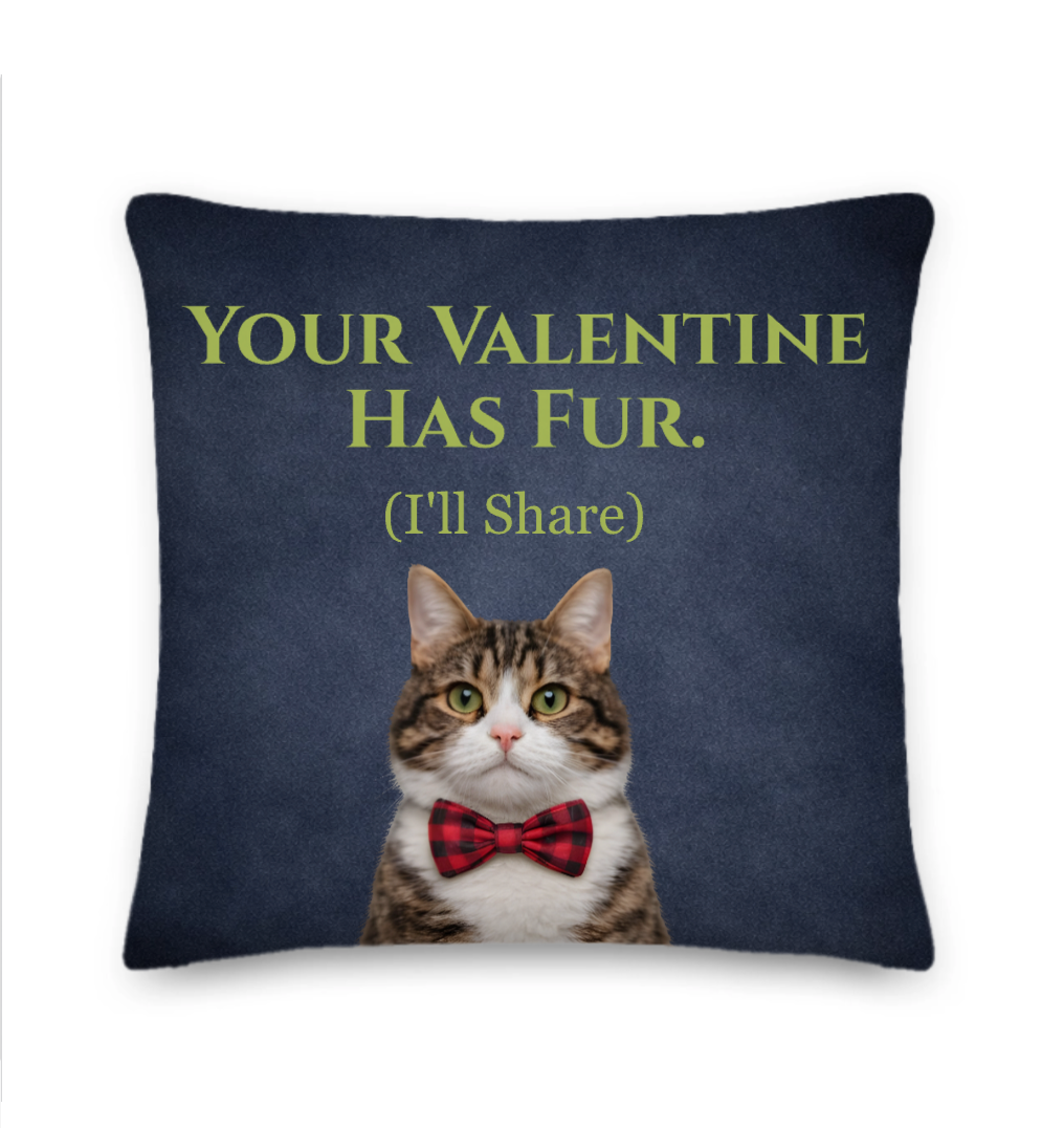 Pillow with a cat wearing a bow tie and text 'Your Valentine Has Fur. (I'll Share)' on a blue background