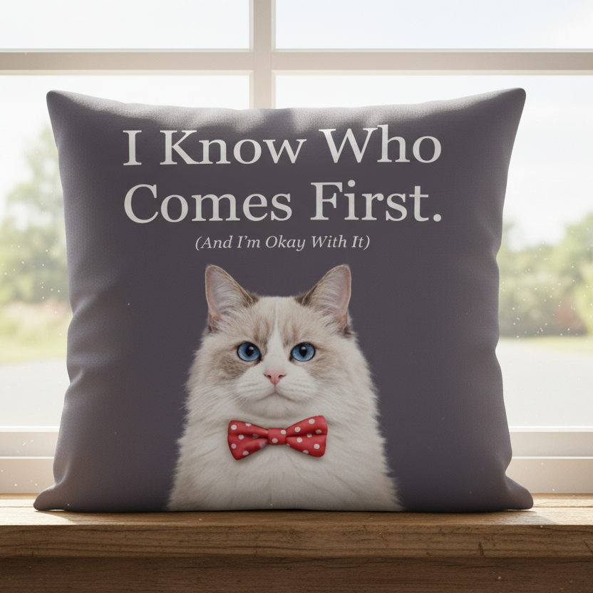 Pillow with a cat wearing a red bow tie and humorous text on a gray background