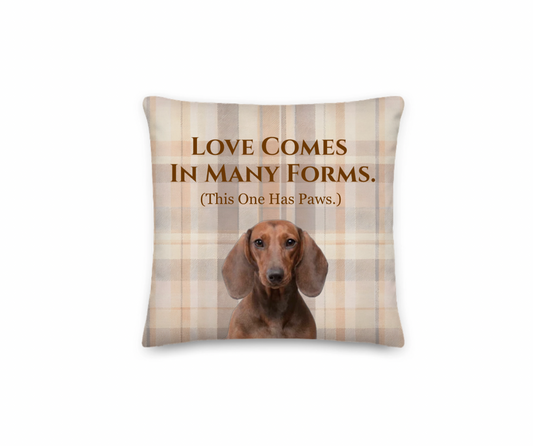 Pillow with a dachshund and text 'Love comes in many forms. (This one has paws.)' on a plaid background