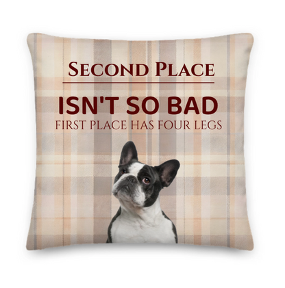 Pillow with a dog and humorous text on a plaid background