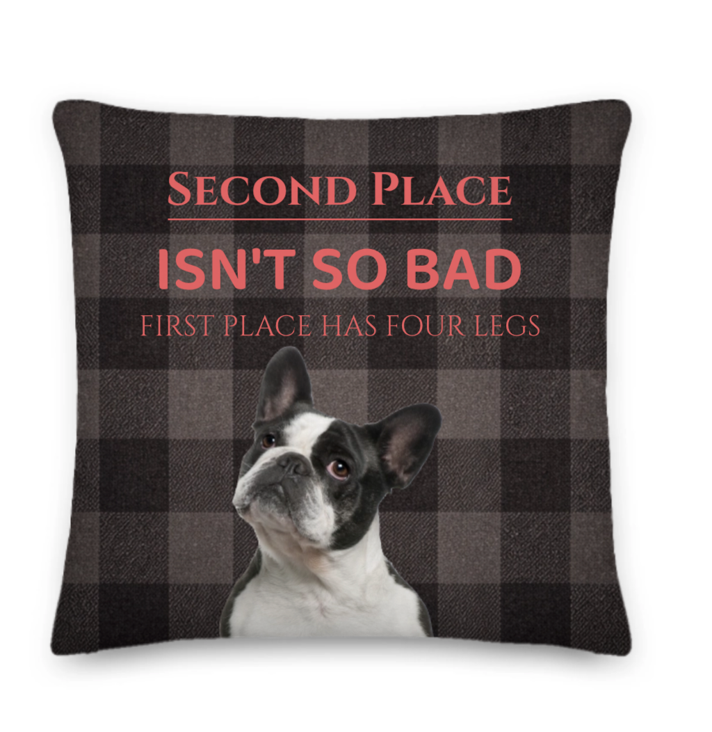 Pillow with a dog illustration and humorous text on a checkered background