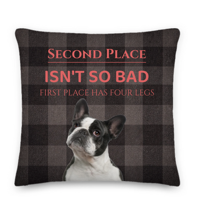 Pillow with a dog illustration and humorous text on a checkered background