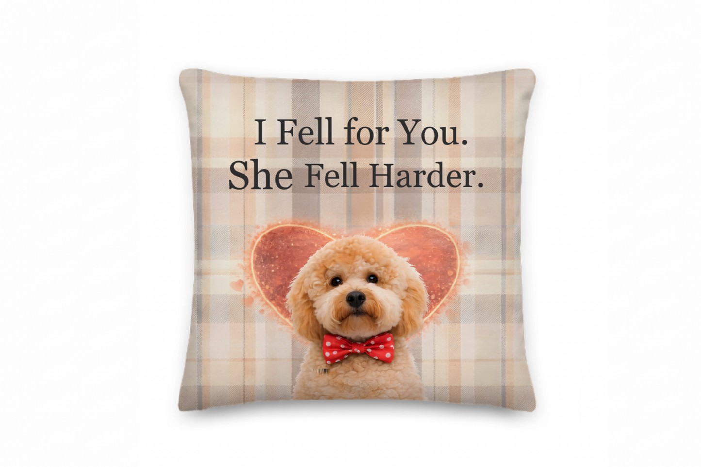 Pillow with a dog illustration and text 'I Fell for You. She Fell Harder.' on a plaid background