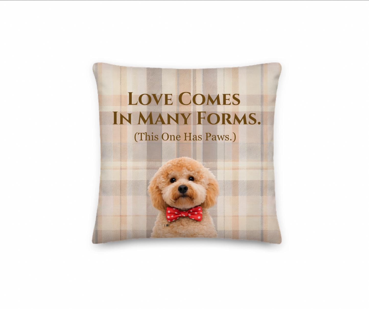Pillow with a dog illustration and text on a plaid background