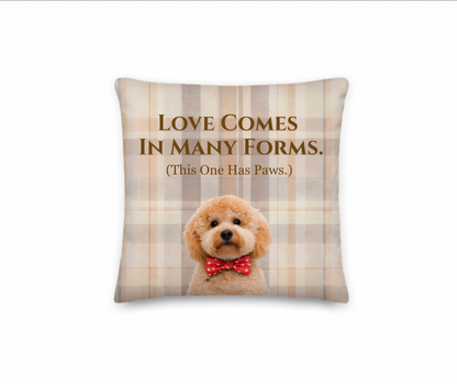 Pillow with a dog illustration and text on a plaid background