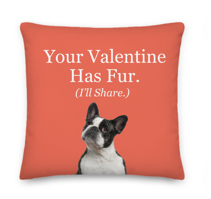 Pillow with a dog illustration and text on a red background