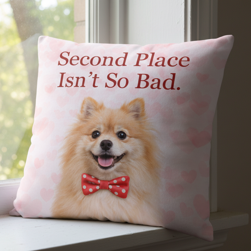 Pillow with a dog wearing a bow tie and text 'Second Place Isn't So Bad' on a pink background.