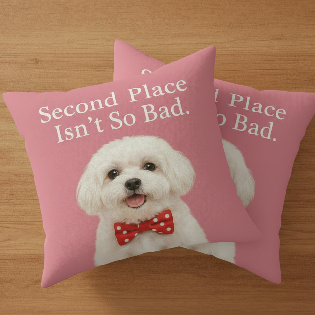 Pillow with a dog wearing a red bow tie and text 'Second Place Isn't So Bad' on a pink background