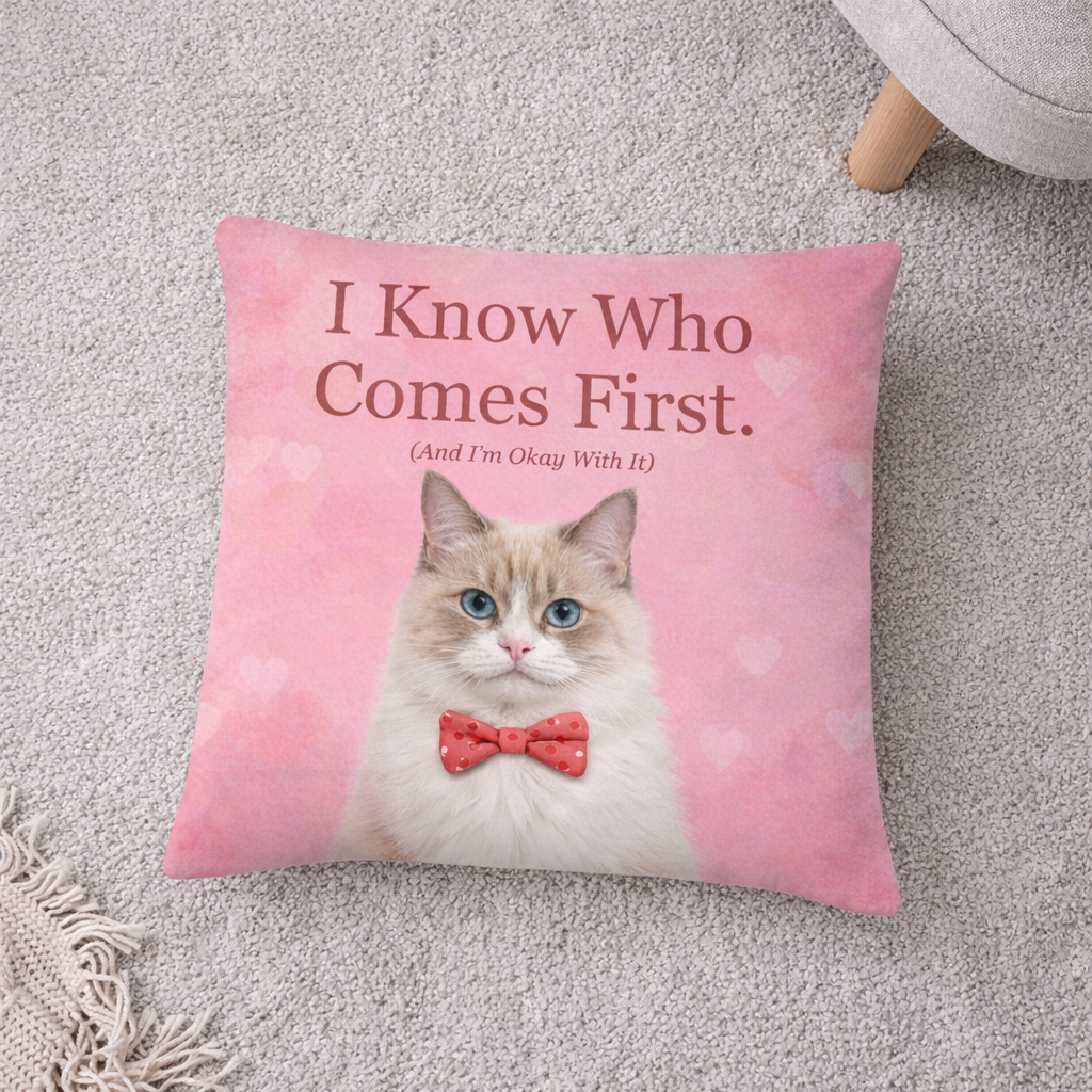 Pink pillow with a cat illustration and text on a carpeted floor