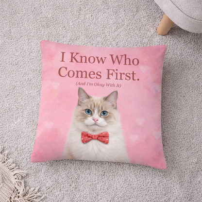 Pink pillow with a cat illustration and text on a carpeted floor