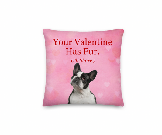 Pink pillow with a dog illustration and text on a white background