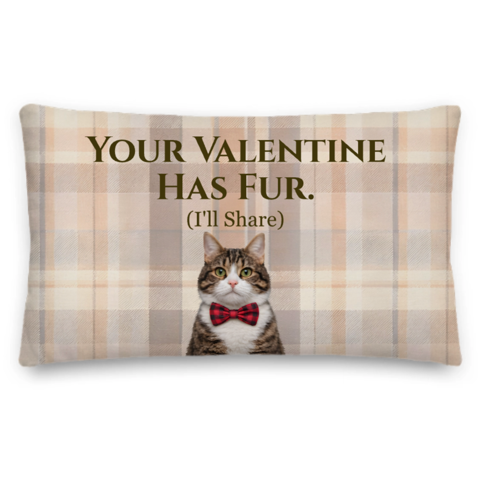 Plaid pillow with a cat wearing a bow tie and text about Valentine's Day on a white background