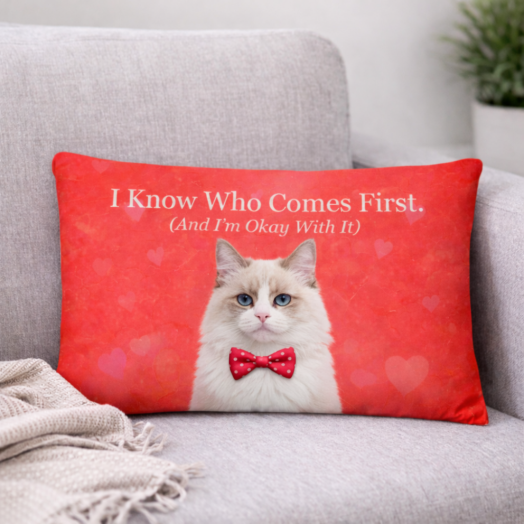 Red pillow with a cat wearing a bow tie and text on a gray couch.